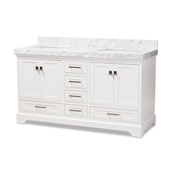 Baxton Studio Amaris 60-Inch Transitional White Finished Wood and Marble Double Sink Bathroom Vanity
